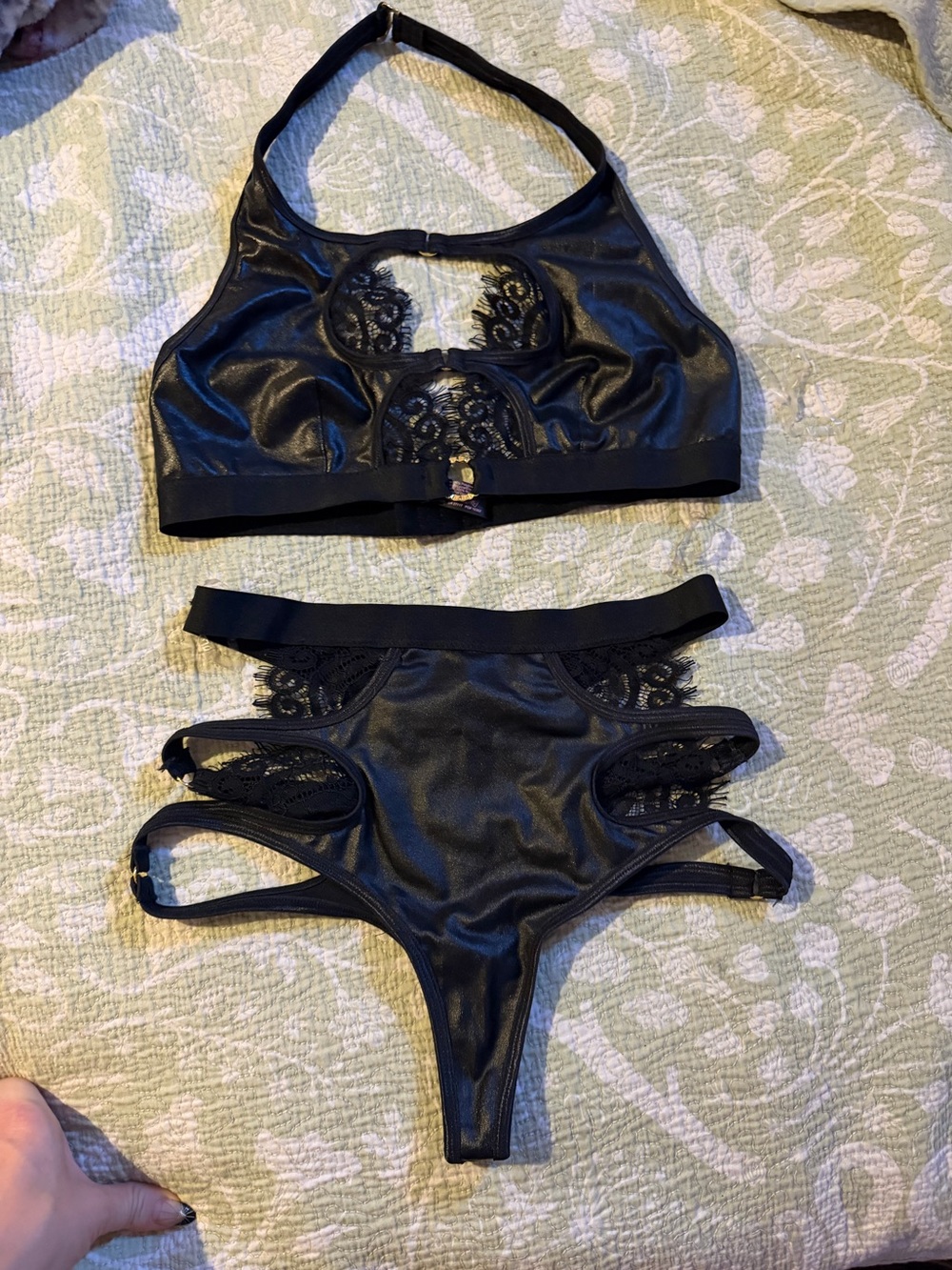 Dreamgirl Black Lace Halter Bralette with Strappy High-Cut Panty - Picture 3 of 5